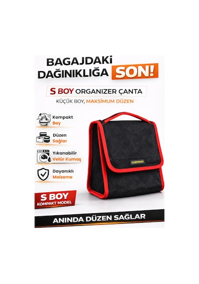 Oto Bagaj Organizer Bagaj Çantası S Boy Kaymaz Cırt Bantlı Velur Kompakt - Siyah Kırmızı