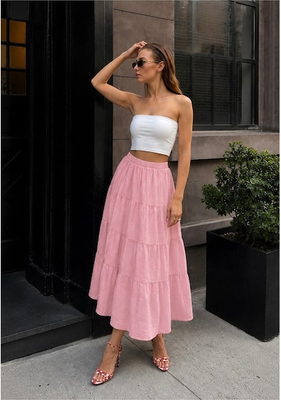 Bisou Pembe Beli Lastikli Volan Detaylı Astarlı Yazlık Maxi Etek Pembe