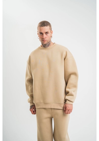 Erkek Uzun Kol Bisiklet Yaka 3 İplik Pamuklu Kışlık Sweatshirt - Bej
