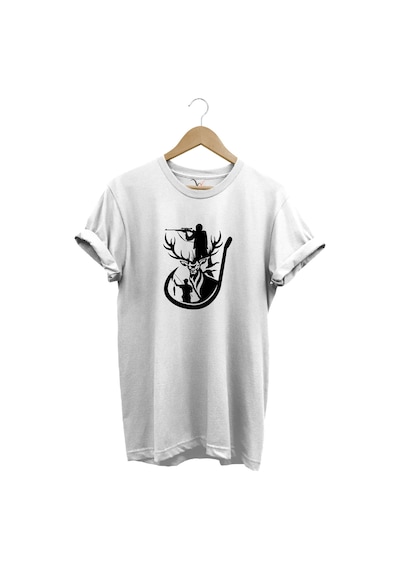 Avcılık Geyik Balık Nişan Baskılı Av Doğa Temalı Regular Fit %100 Pamuk Beyaz T-shirt Beyaz