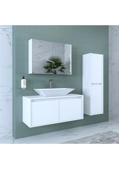 Banos Banyo Roomart Lavabolu Mat Beyaz Mdf 100Cm Banyo Dolabı+Ayn Mat Beyaz