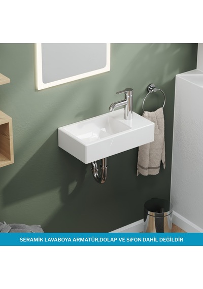 Minizia Lavabo Beyaz 45x26x10 Cm Sağdan Delikli, Taşma Deliksiz