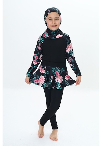 My Kids Wear Üç Parça Kız Çocuk Haşema, Tesettür, Etekli, Kapalı Mayo Mercan - Pembe