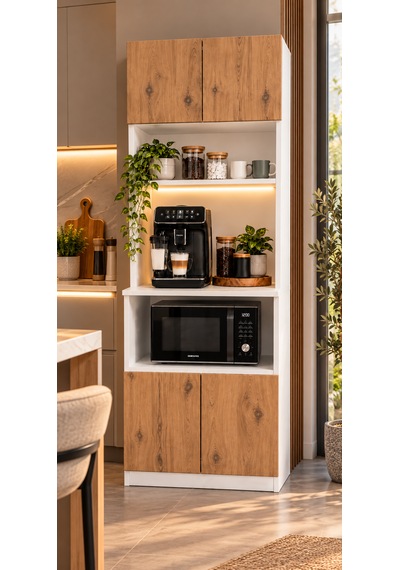 Kahve Köşesi Dolabı Modern Led Aydınlatmalı Raflı Mutfak Rafı Dolabı Beyaz