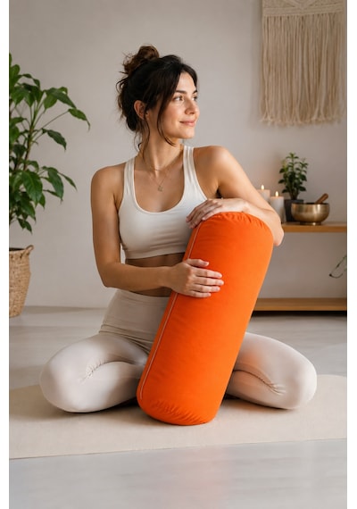 Yoga Bolster Organik Poplin Kumaş Kırpıntı Sünger Dolgulu Meditasyon Yastığı Pilates Destek Minderi 65x22 Cm Turuncu