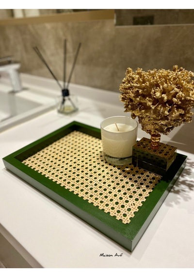 Rattan Hazeran Dikdörtgen Tepsi Yaprak Yeşili Renk %100 Doğal Hazeran M041
