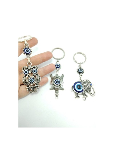 Üçlü Metal Nazar Boncuklu Baykuş/ Kaplumbağa / Fil Anahtarlık Set