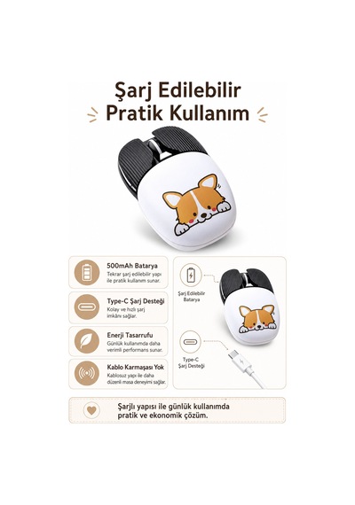 Şarjlı Bluetooth 2.4g Sessiz Kablosuz Mouse Köpek Desenli Çok Renkli Diğer