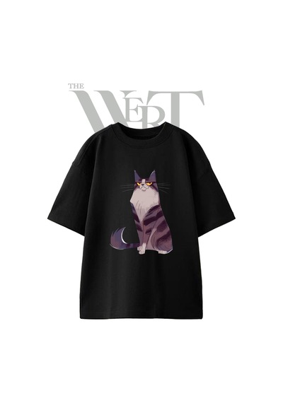 Thewert Kedi Karakter Tasarım Baskılı Ünisex Siyah Oversize T-shirt