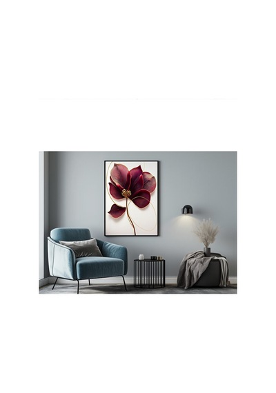 Tablo Ahşap Çerçeveli Tablo Çerçeveli Poster Bordo Altın Çizgili Çiçek Temalı Tablo