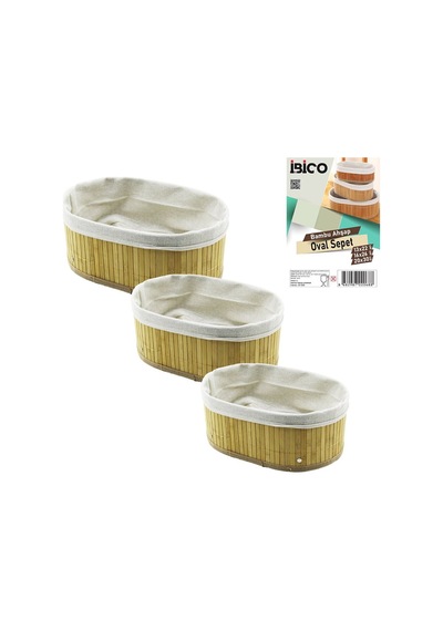 İbico İ12-068 3 Boy Oval Bambu Kenar Organizer Sepet Ahşap Altlık & Bezli 13x22-16x26-20x30cm W