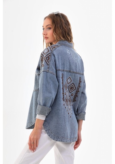 Esb Design Kadın Mavi Cepli Etnik Mevsimlik Düğmeli Uzun Denim Nakışlı Kot Ceket A36-085