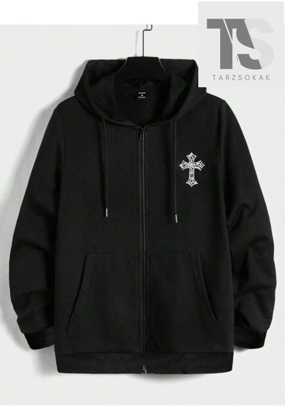 Tarzsokak Haç Sembol Sweatshirt Fermuarlı Hırka Siyah Siyah