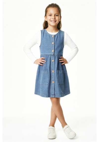 Kız Çocuk 2'li Jean Elbise Çift Cepli Jean Elbise+bluz 12533 Mavi