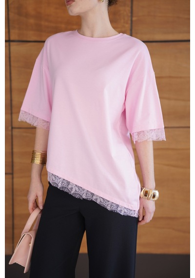 Verymoda Dantel Detaylı Tişört D2956 Pembe