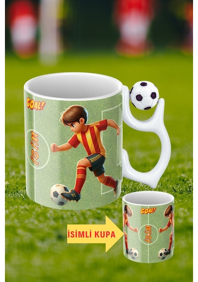 Siyah Beyaz Futbol Toplu Sarı Kırmızı Forma Oyunculu Taraftar İsimli Baskılı Kupa Bardak Beyaz