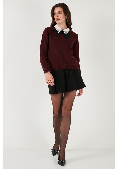 Lela Premium Regular Fit Gömlek Yaka Yumuşak Dokulu Fiyonk Detaylı Taşlı Bayan Kazak 680Kz00035 Bordo