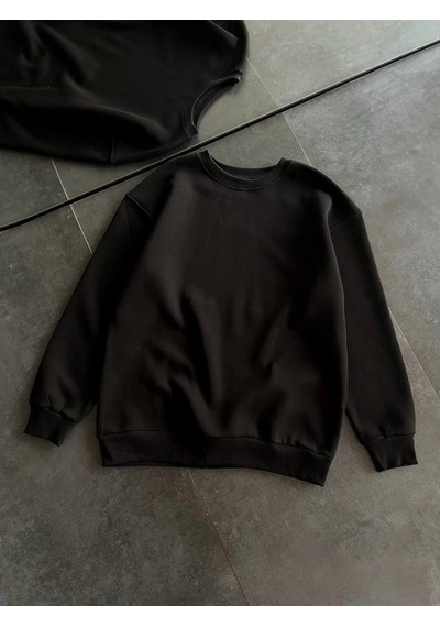 Primemagazam Kadın Bisiklet Yaka 3 İplik Pamuklu Basic Sweatshirt - Siyah Çeşitli