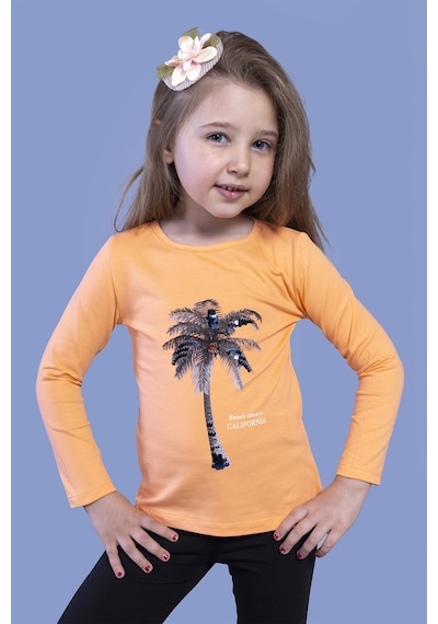 Toontoy Kids Toontoy Kız Çocuk Palmiye Baskılı Pul İşlemeli Tişört Turuncu