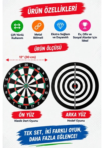 Çift Taraflı Dart Tahtası Seti 4 Çelik Oklu Dart Hedef Tahtası Oyunu Takımı