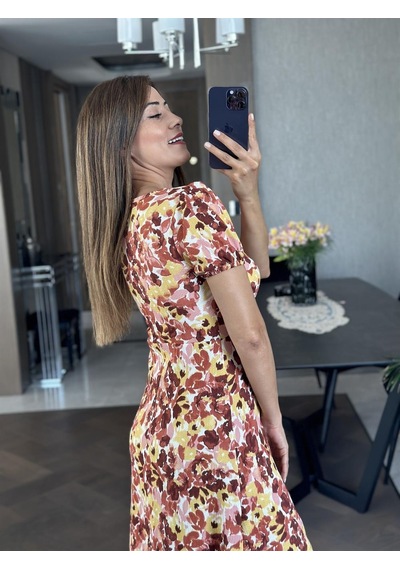 Forlady Sarı Desenli Prenses Kol Yırtmaçlı Bürümcük Kadın Elbise - Sarı