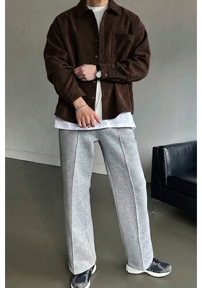 Genius Store Erkek Gömlek Fitilli Kadife Oversize Gömlek Yaka Cepli Uzun Kollu Ceket Gömlek Kahverengi