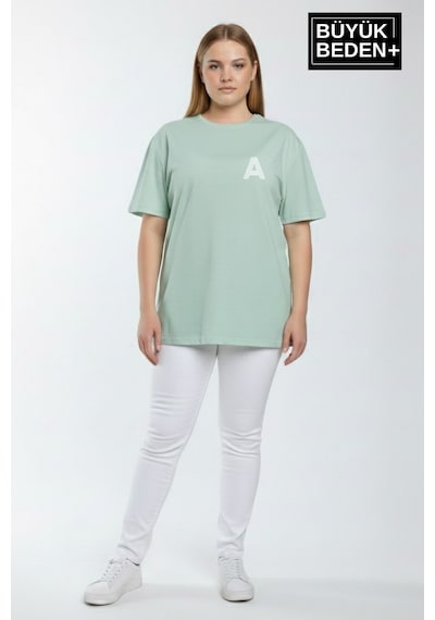 Superlife Kadın Büyük Beden A Baskılı 3xl-6xl Bisiklet Yaka Tshırt Spr26btsk510-12 Yeşil