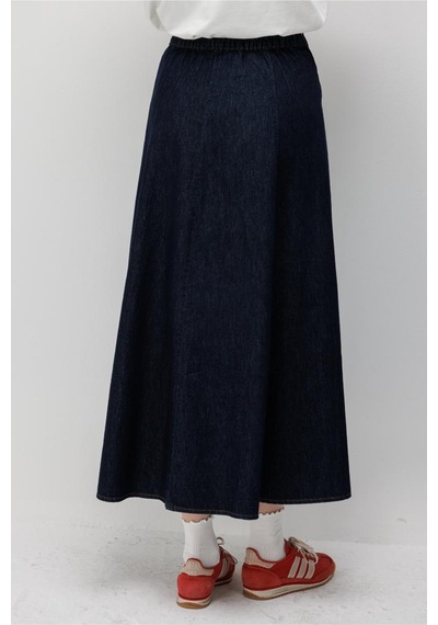 Mizalle Beli Lastikli Volan Kesim Lacivert Denim Etek