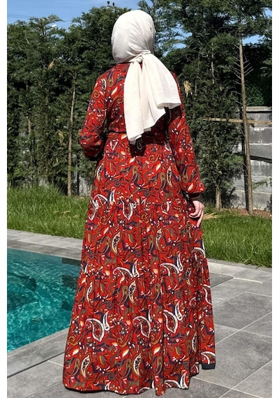 Rabia Şamlı Şal Desenli Elbise Kiremit Normal