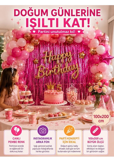 Pembe Folyo Parti Perdesi 100x200 Cm Doğum Günü Baby Shower Arka Fon Süs Dekoru
