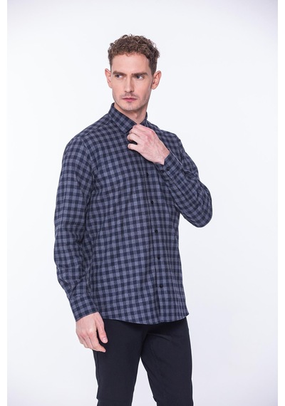 Klasik Uzun Kol Kışlık %100 Cotton Kareli Yaka Alttan Düğmeli Hediye Kutulu Erkek Gömlek Fs-001988 - Antrasit-1372