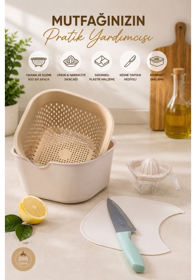 5 Parça Mutfak Seti Karıştırma Kabı Salata Kasesi Kesme Tahtası Limon Sıkacağı Ölçü Kabı Süzgeç Yeşil Bej - 899892244 Bej