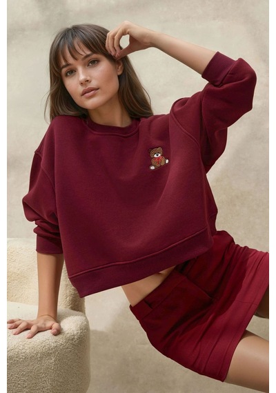 Hiccup İşlemeli Rahat Kesim Pamuklu Sweatshirt Bordo Kırmızı