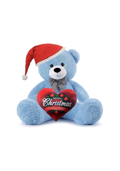 Yeni Yıla Özel : Elinde Baskılı Kalbi Ve Noel Şapkalı 90 Cm Papyonlu Peluş Ayıcık - Yeni Yıl Temalı 001