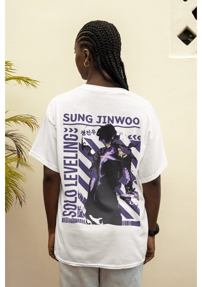 Solo Leveling Sung Jin Woo Sırt Baskılı Unisex Oversize Anime Tiş Beyaz