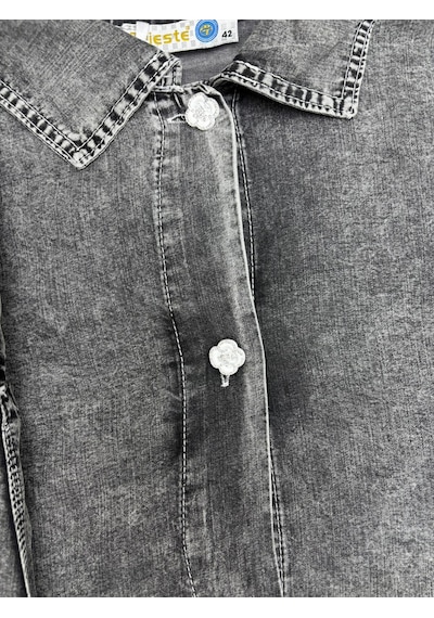Büyük Beden Yakalı Düğmeli Tunik Gömlekli Paçası Dantel Detaylı Denim Kadın İkili Takım Gri