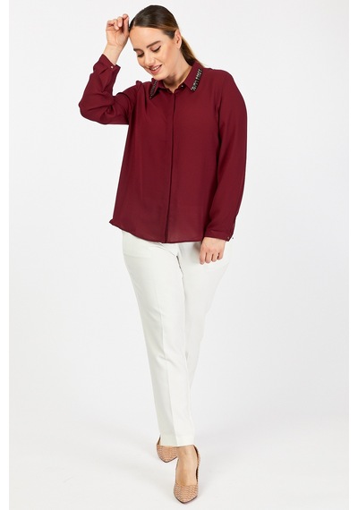 Pera Moda Büyük Beden Yaka Boncuklu Gömlek Bordo