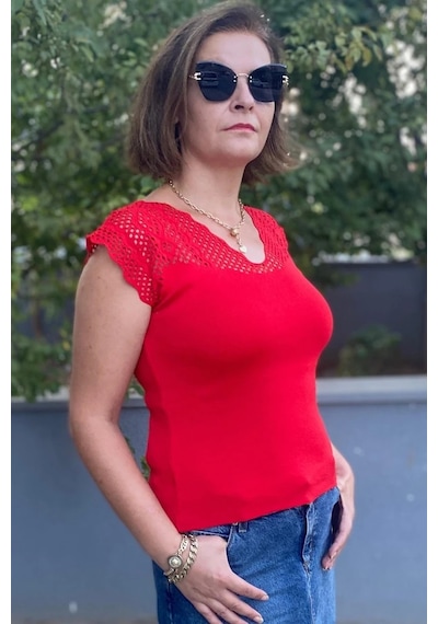 Mia Butik Kadın Kırmızı Sıfır Kol Ajurlu Triko Bluz Kırmızı