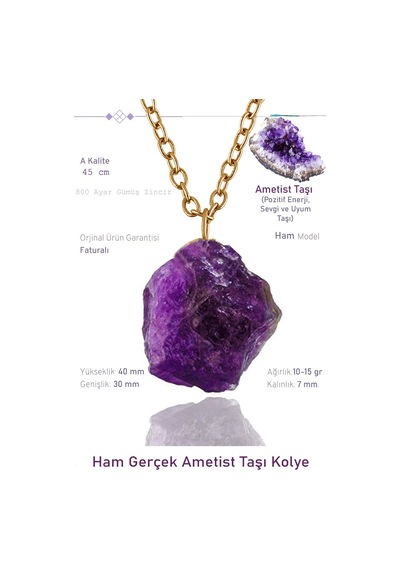 Erilsa Sertifikalı Orijinal Ham İşlenmemiş Ametist Taşı Kolye - 24k Alt Çok Renkli