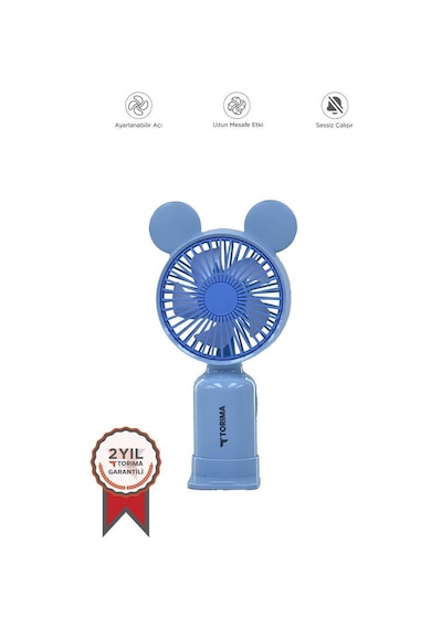 Torima F-12 Mavi Mini Taşınabilir Fan Şarjlı 2 Kademeli Ledli Ayıcık Kulak Vantilatör Klima Soğutucu Fan