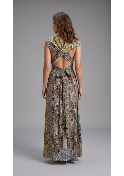 Alyn Wear Kadın Omuzlardan Açık Yakadan Çapraz Geçme Detaylı Yırtmaçlı Desenli Uzun Süprem Elbise Sarı Alyn Wear Kadın Omuzlardan Açık Yakadan Çapraz Geçme Detaylı Yırtmaçlı Desenli Uzun Süprem Elbise Sarı