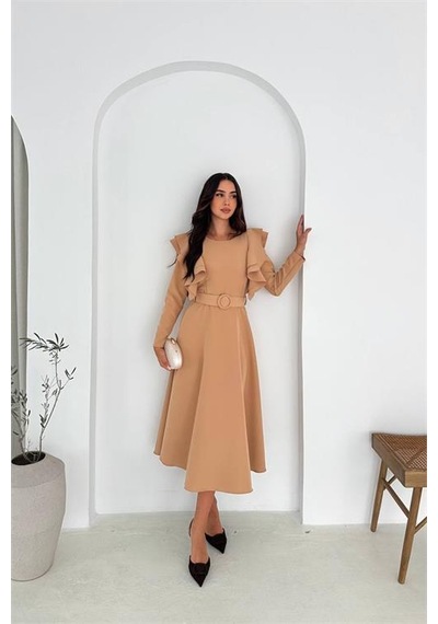 Neşeli Butik Kadın Kol Fırfırlı Kemerli Midi Boy Elbise Nbk4309 Bej