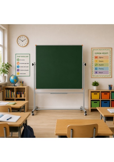 Emaye Yüzey 360 Dönerli Mobil Yazı Tahtası 120x120cm Yeşil