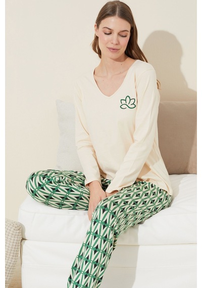 Siyah İnci Pamuklu Örme Pijama Takım 24240123 Krem