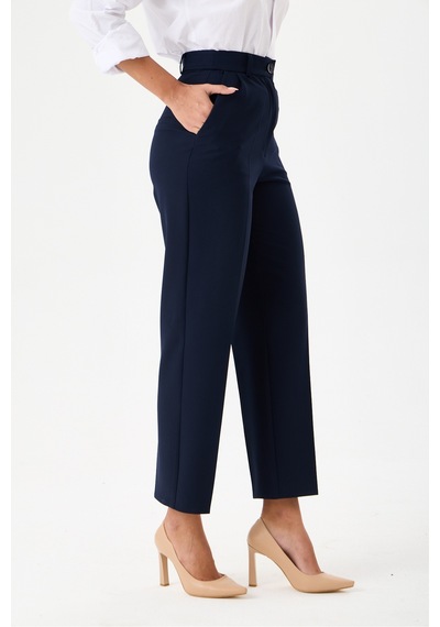 Velnara Moda Lacivert Dar Paça Cepli Yüksek Bel Dokuma Kumaş Kadın Pantolon Lacivert - 918311251 Lacivert