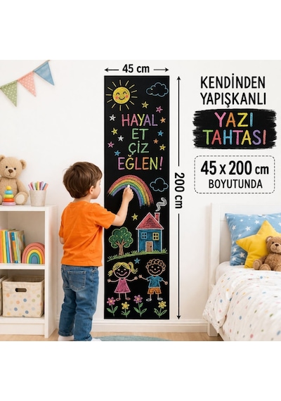 Dyrıs Kendinden Yapışkanlı Yazı Tahtası 45x200 Cm Silinebilir Kara Tahta Duvar Stickerı Siyah