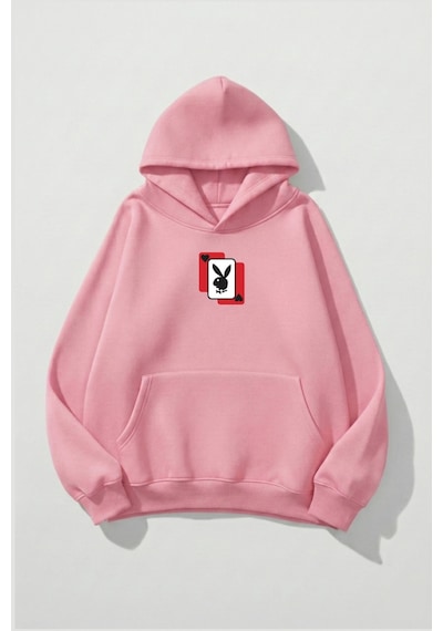 Uyguntarz Unisex Yumuşak Dokulu Playboy Baskılı Tasarım Oversize 3 İplik Hoodie Sweatshirt Pembe