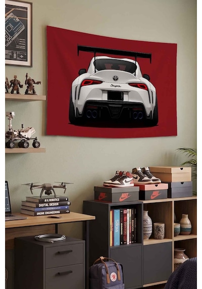 Toyota Supra Beyaz Spor Araba Kırmızı Dekoratif Duvar Örtüsü Duvar Halısı