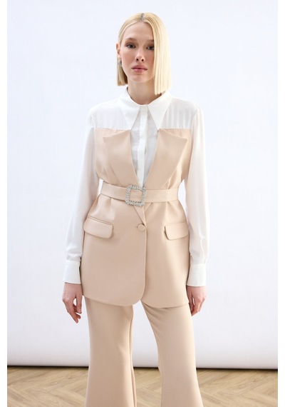 Sateen Ceket Görünümlü Gömlek - Bej-136791 bej