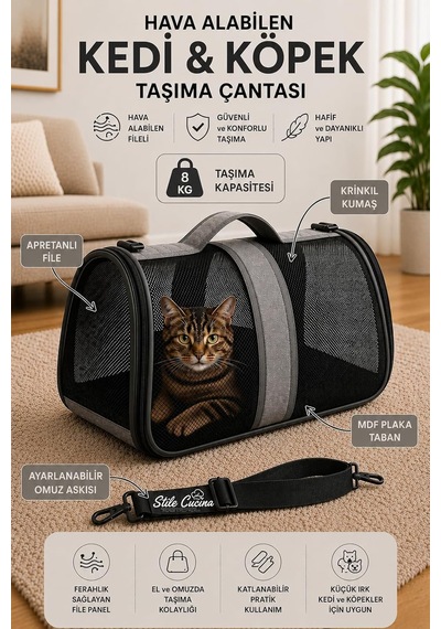 Fileli Kedi Ve Köpek Taşıma Çantası, Katlanabilir, 8 Kg, 42x25x28 Cm